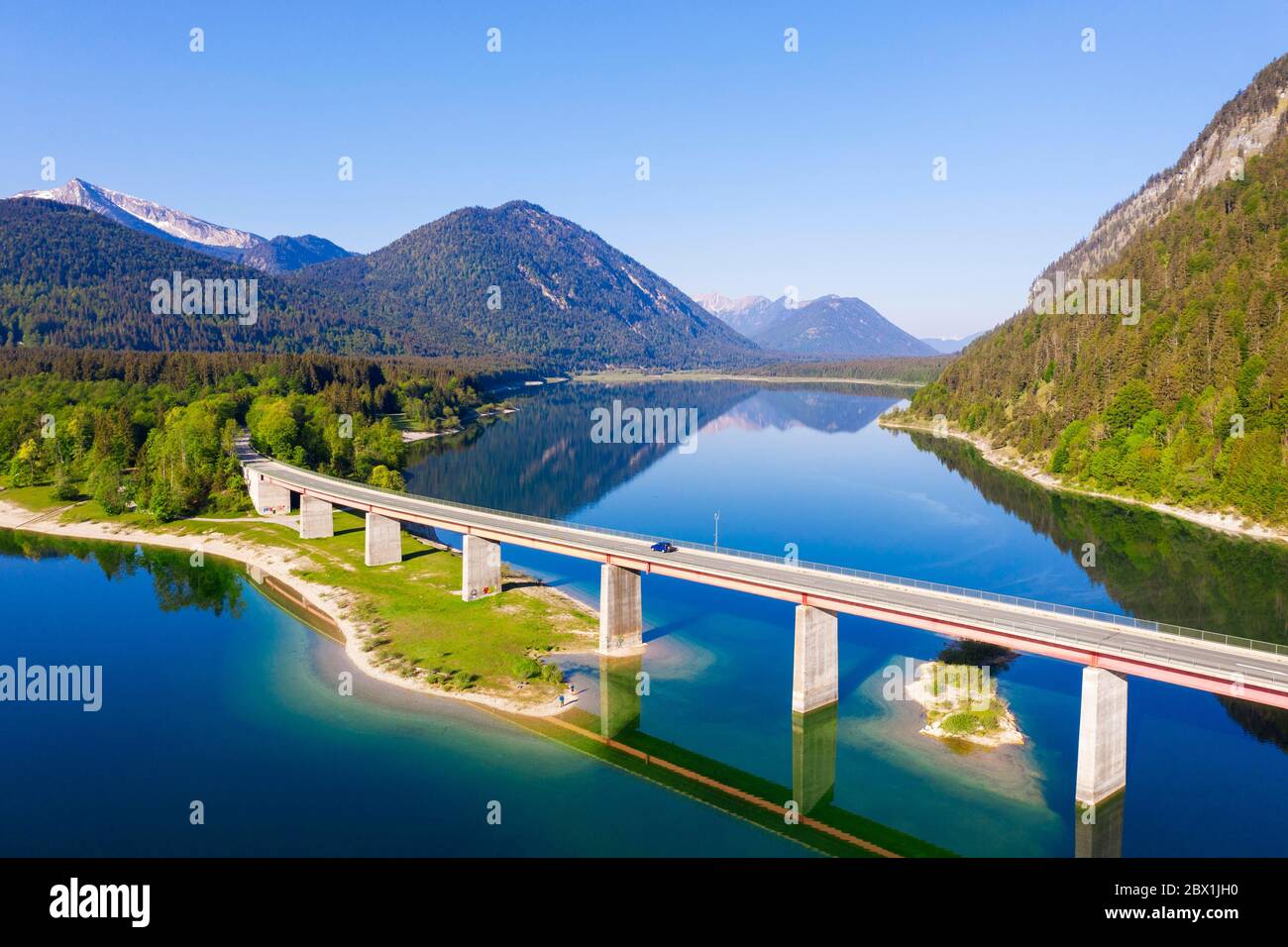 Panorama from the Sylvenstein lake, Faller gorge bridge, Karwendel mountains, near Lenggries, Isarwinkel, drone picture, Upper Bavaria, Bavaria Stock Photo