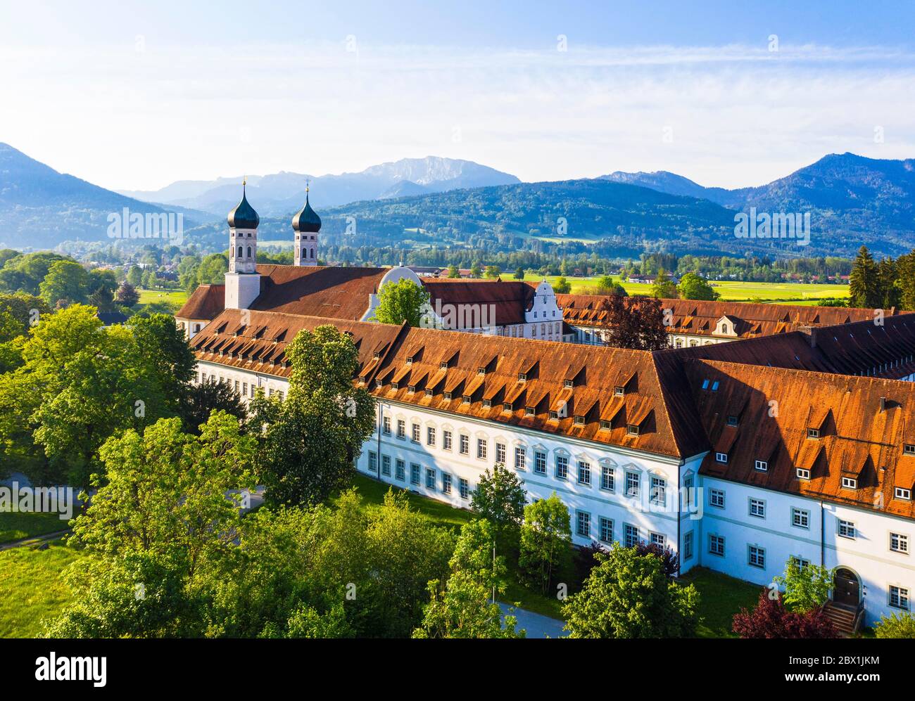 Benediktbeuern Monastery, Toelzer Land, drone shot, Upper Bavaria, Bavaria, Germany Stock Photo