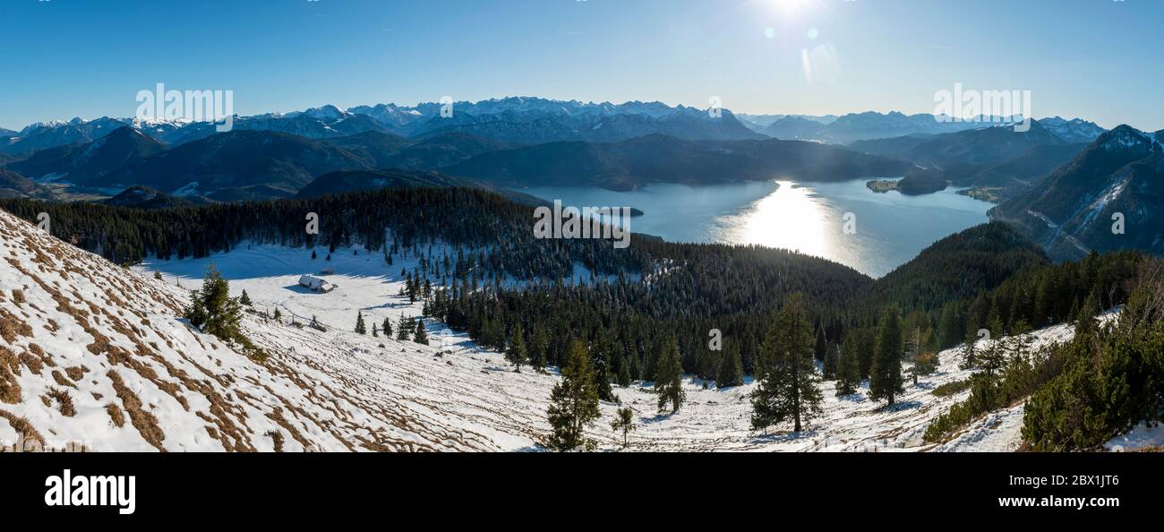 Panorama, view from the Jochberg to the Jocheralm and Walchensee in winter with snow, Alpine foothills, Upper Bavaria, Bavaria, Germany Stock Photo