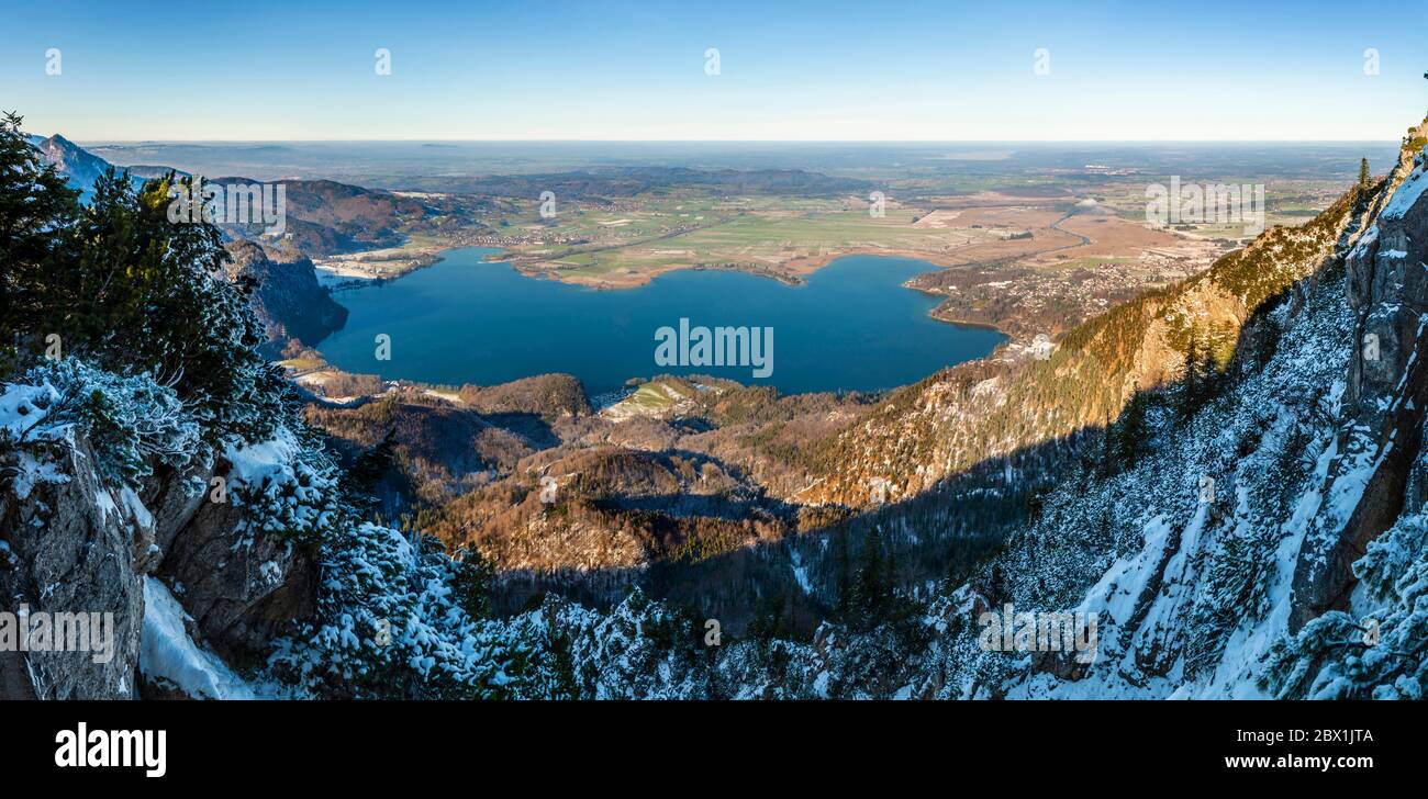 Panorama, view from Jochberg to Lake Kochel in winter with snow, Alpine foothills, Upper Bavaria, Bavaria, Germany Stock Photo