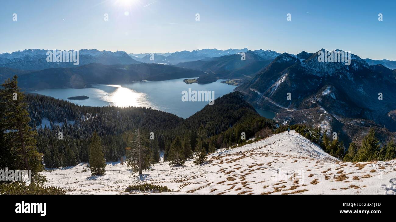 Panorama, view from the Jochberg to the Walchensee in winter with snow, right Herzogstand, Alps, Upper Bavaria, Bavaria, Germany Stock Photo