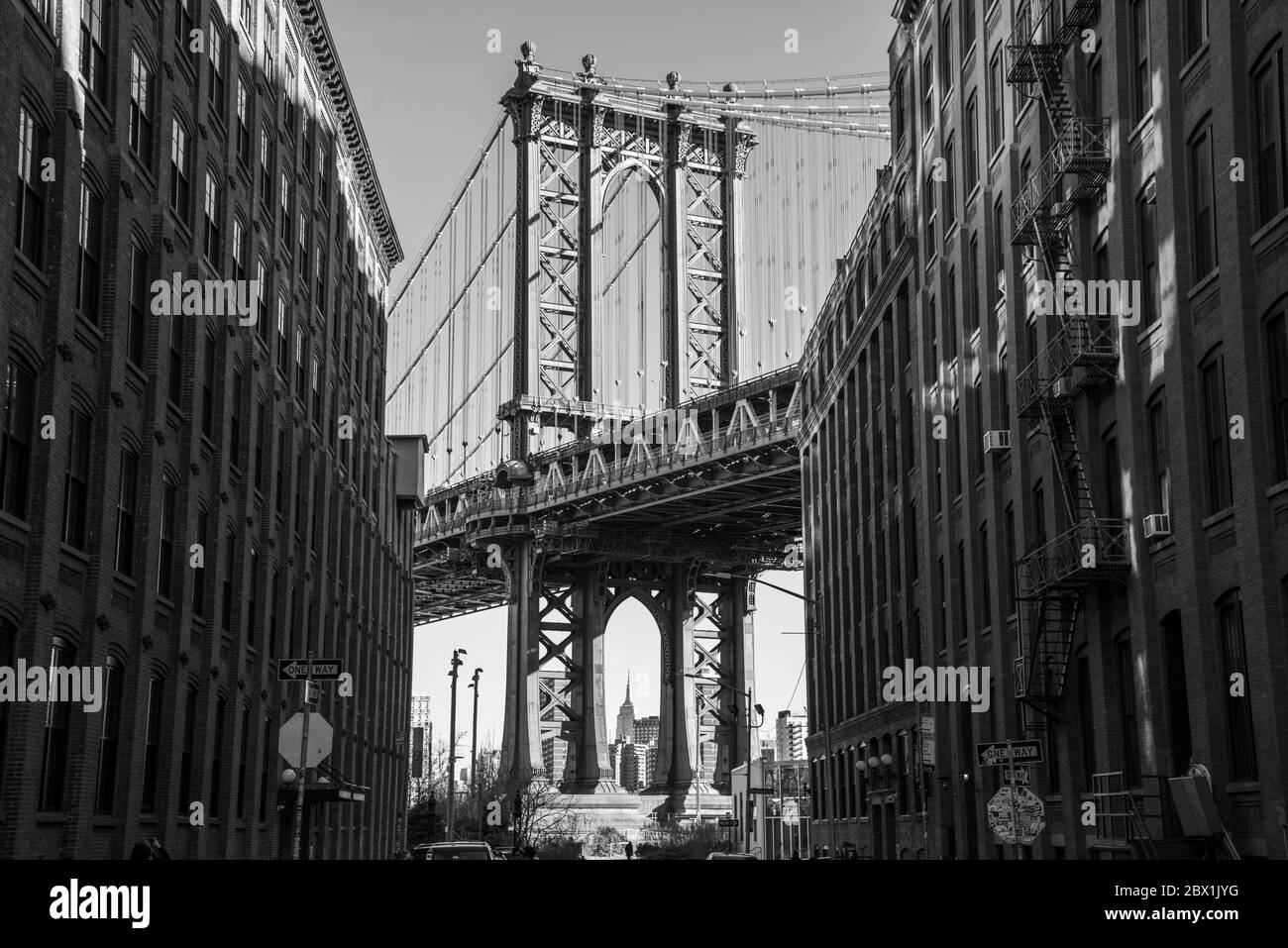 View from Main Street to Manhattan Bridge and Empire State Building, Dumbo, Brooklyn, New York, USA Stock Photo