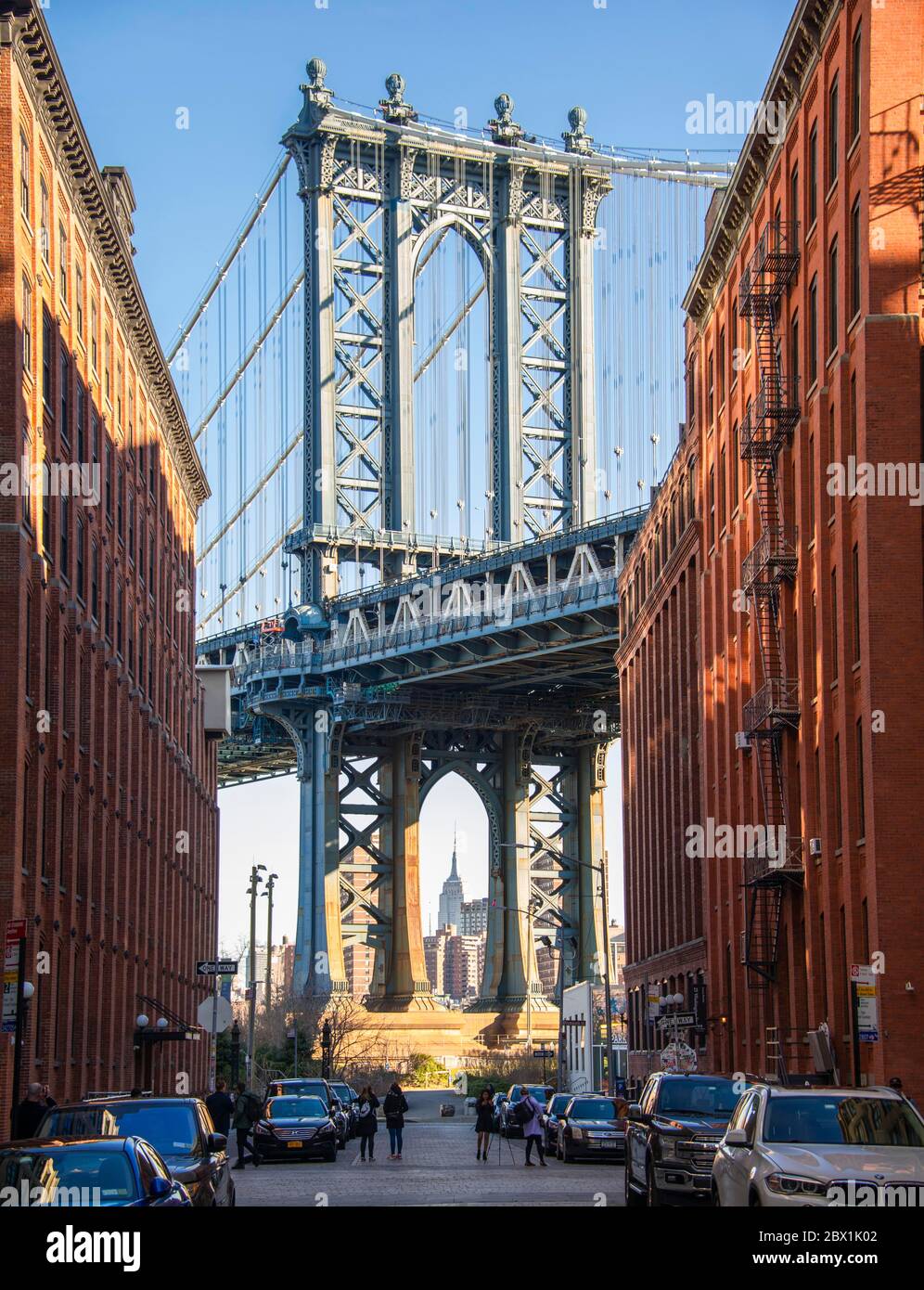 View From Main Street To Manhattan Bridge And Empire State Building Dumbo Brooklyn New York Usa Stock Photo Alamy