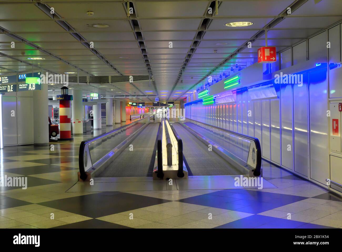 Treadmill in Terminal 1, deserted due to corona crisis, Franz Josef Strauss Airport, Munich, Bavaria, Germany Stock Photo