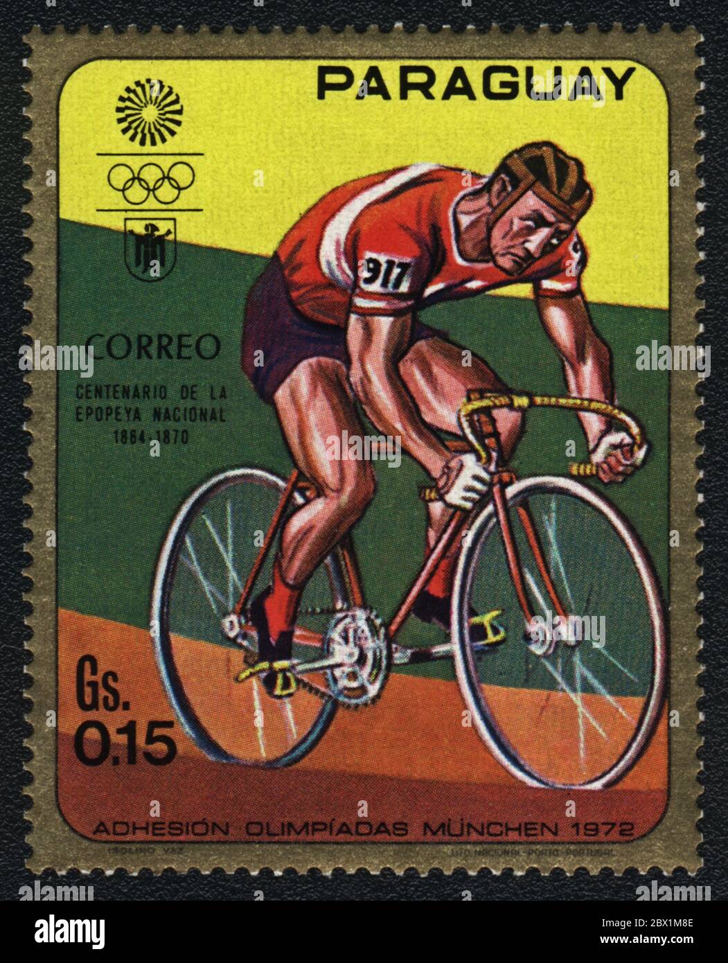 Cycle racing. Summer Olympics Games in Munich 1972. Series: Centenary of the National Epic 1864 - 1870. Postal stamp:  Paraguay, 1972 Stock Photo