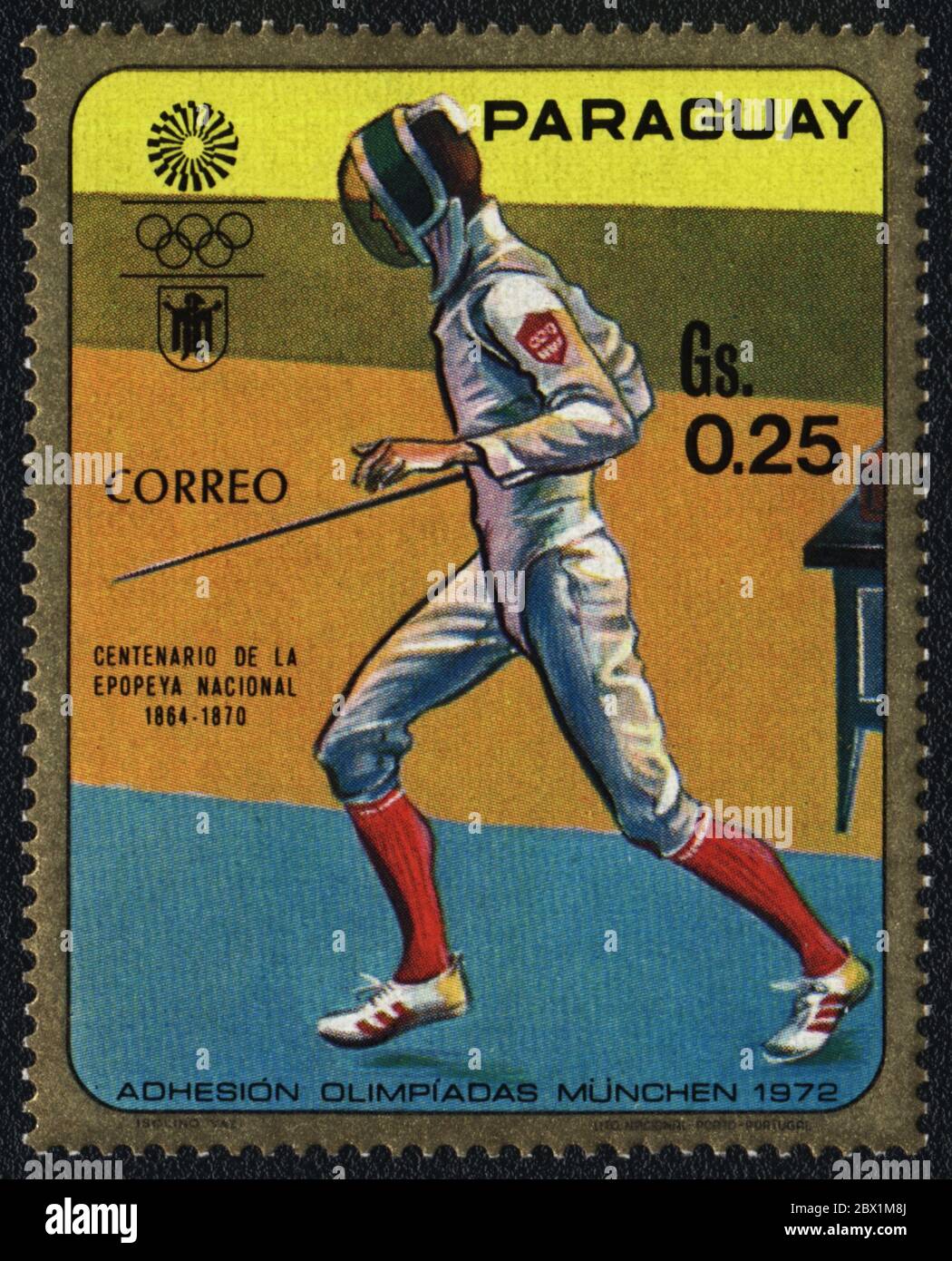 Epee fencer.Summer Olympics Games in Munich 1972. Series: Centenary of the National Epic 1864 - 1870. Postal stamp:  Paraguay, 1972 Stock Photo