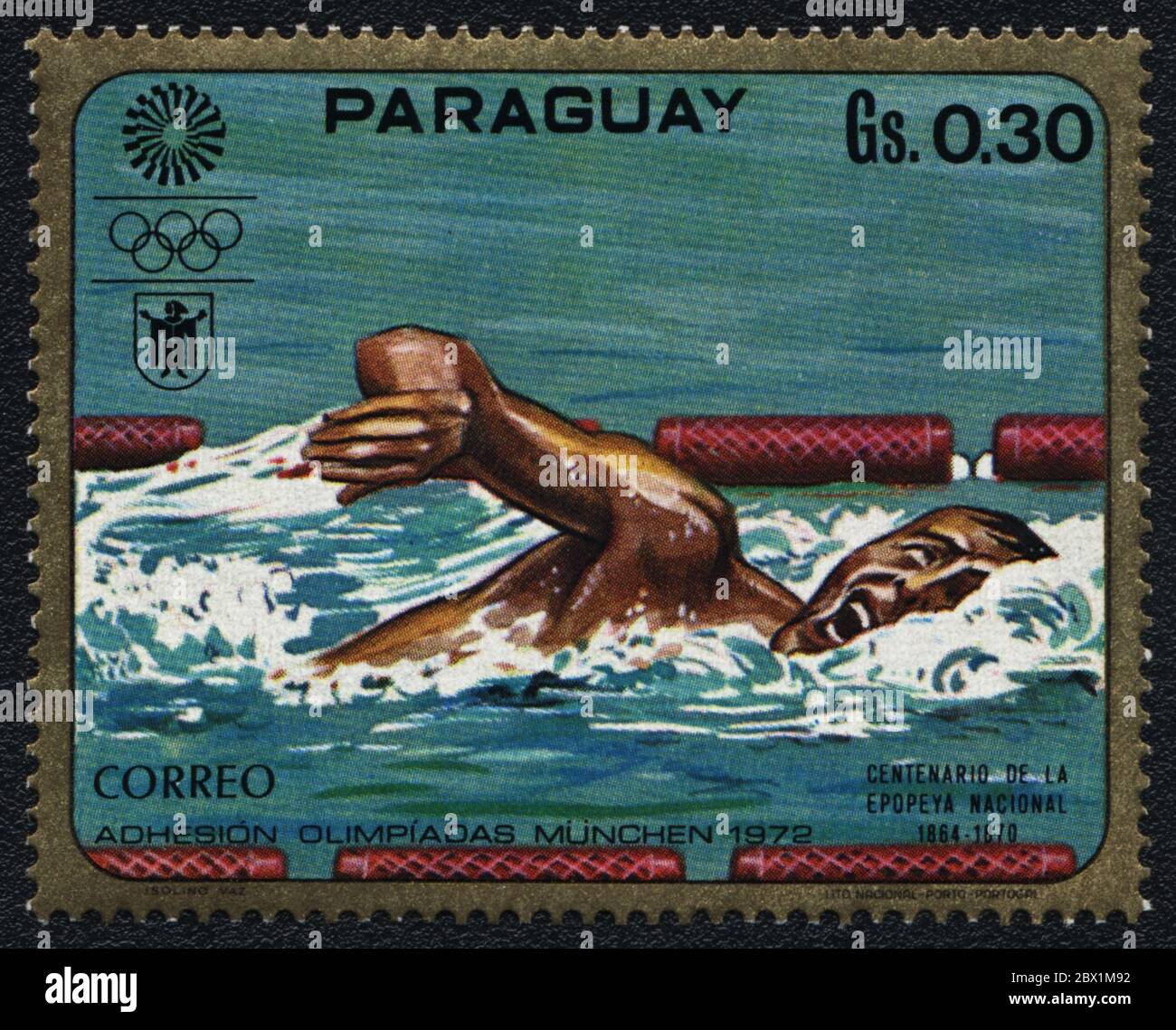 Swimming. Running hurdles. Summer Olympics Games in Munich 1972. Series: Centenary of the National Epic 1864 - 1870. Postal stamp:  Paraguay, 1972 Stock Photo