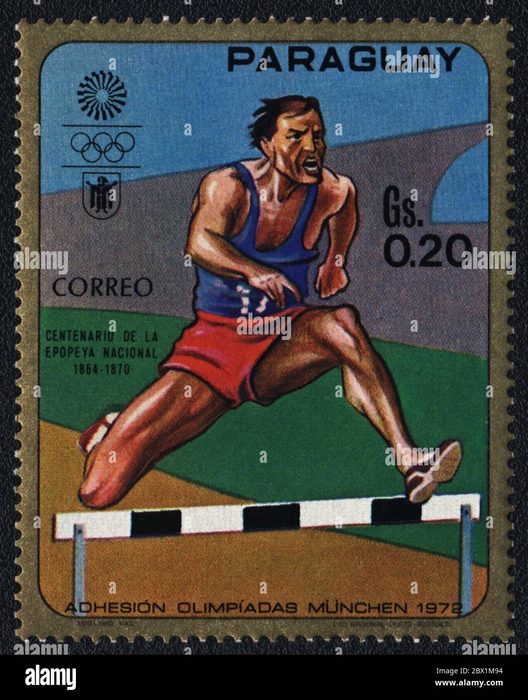 Running hurdles. Summer Olympics Games in Munich 1972. Series: Centenary of the National Epic 1864 - 1870. Postal stamp:  Paraguay, 1972 Stock Photo