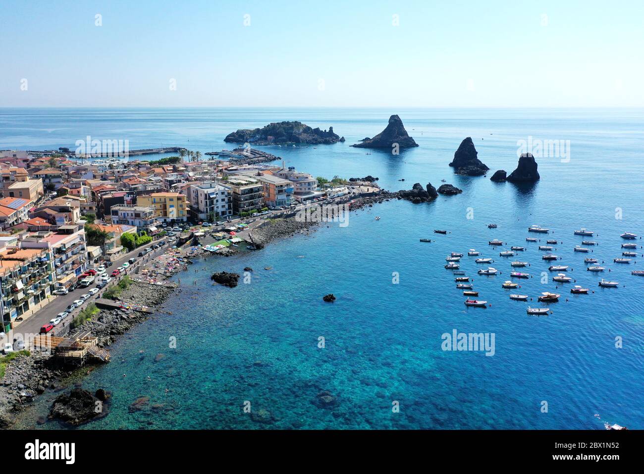 Acitrezza sea in a panoramic view on Faraglioni cliff Stock Photo