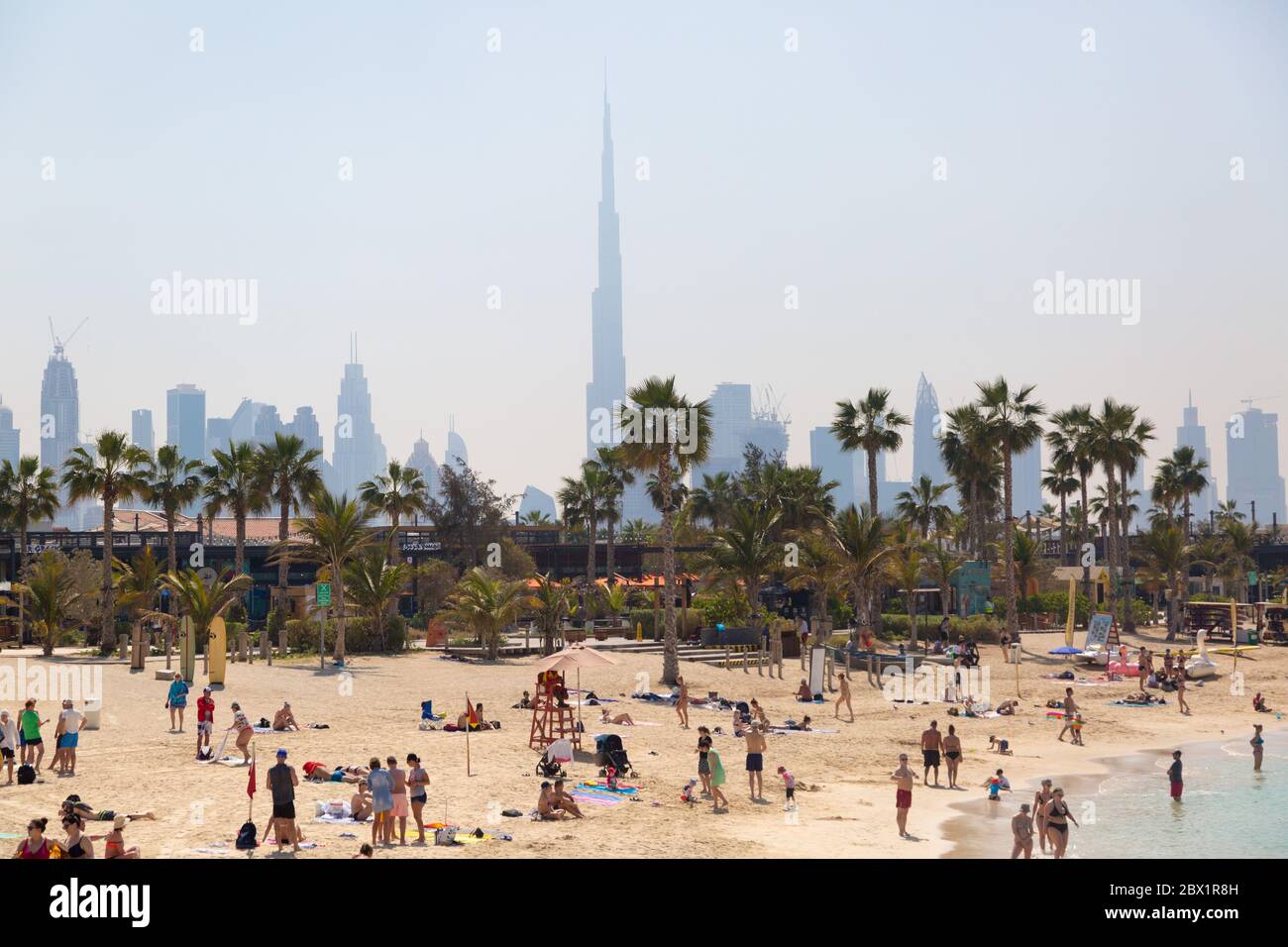 La Mer is the new beach area of Dubai, a city beach with a unique atmosphere of modern comfort. Wide boulevards, palm trees, graffiti, cafes and resta Stock Photo