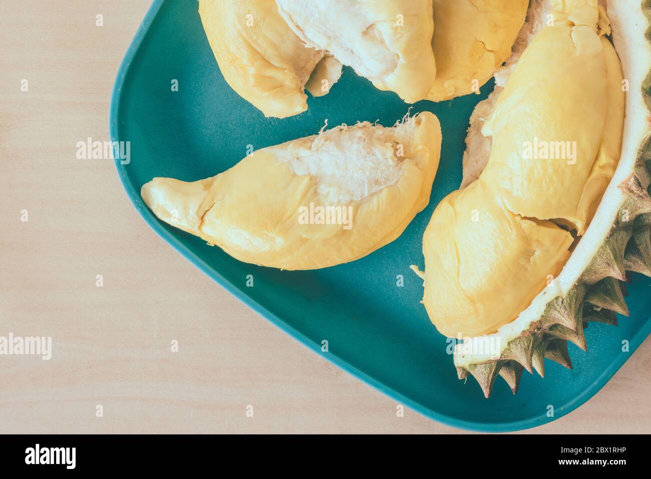 King of fruits, Top view of Durian on blue plate Stock Photo Alamy