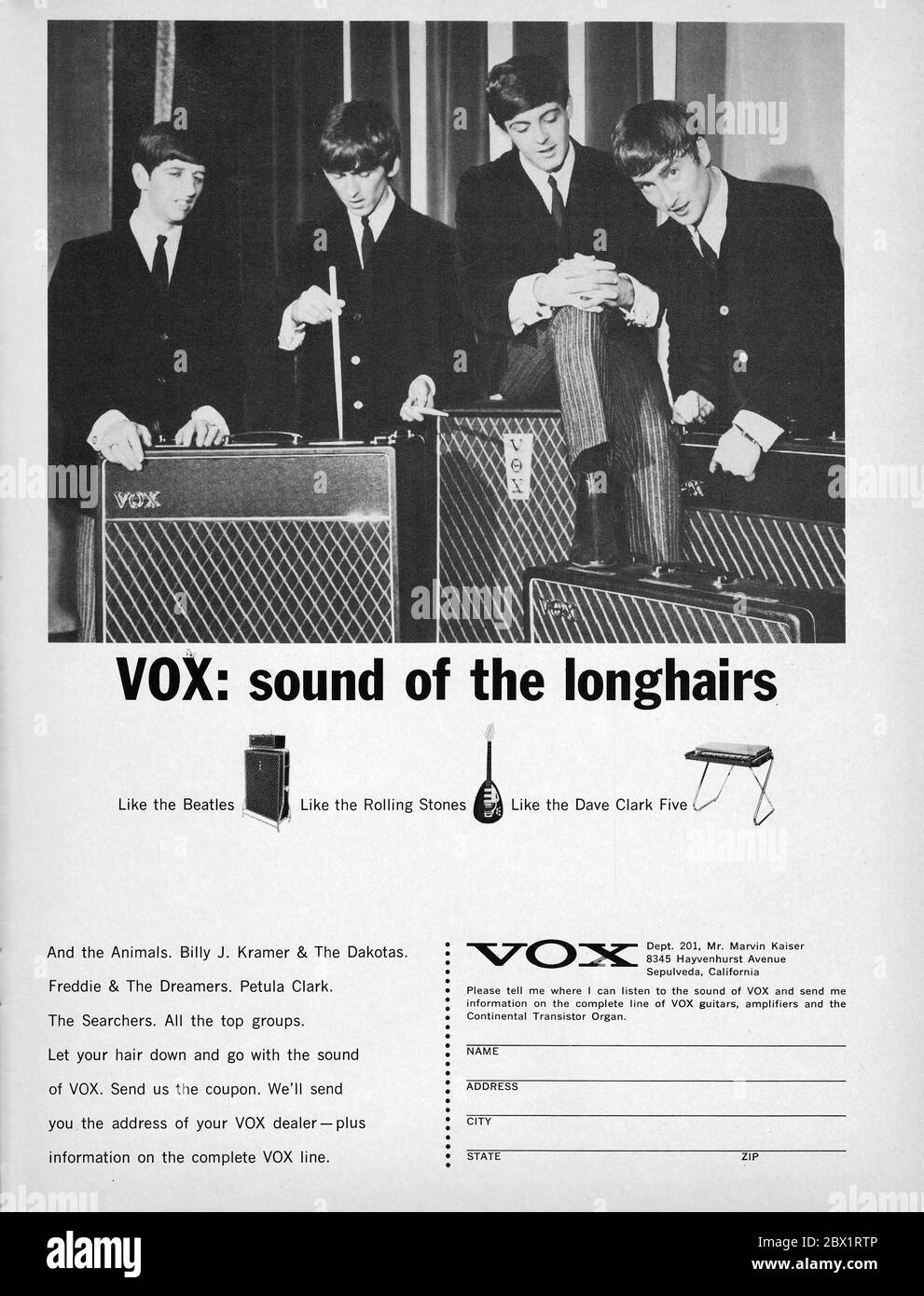 A vintage 1965 ad  for Vox amplifiers featuring the Beatles. Stock Photo