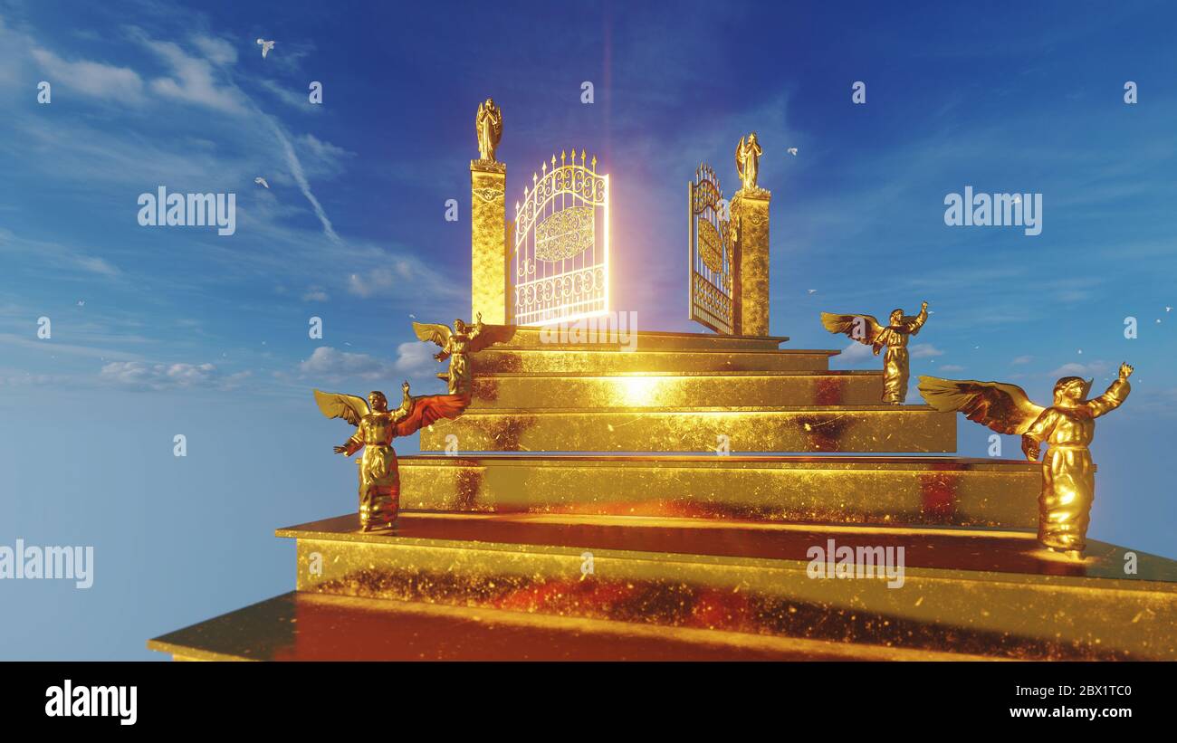 Golden Angels on stairs towards the Gates of Heaven against blue sky Stock Photo