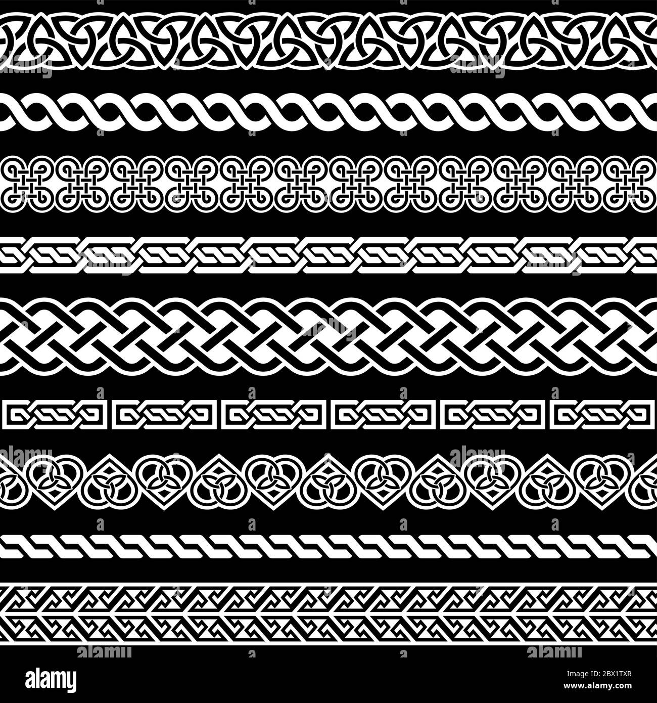 Irish Celtic vector seamless border repetitive pattern  set, braided frame designs for greeting cards, St Patrick's Day celebration in white on black Stock Vector