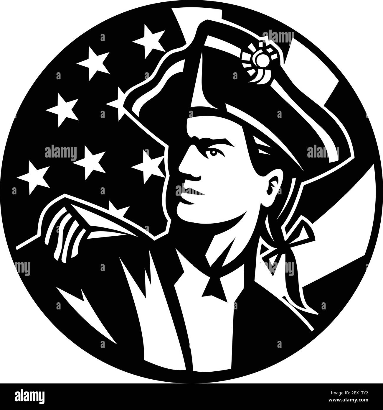 Black and white illustration of an American Patriot revolutionary soldier looking up with USA star spangled banner stars and stripes flag in backgroun Stock Vector