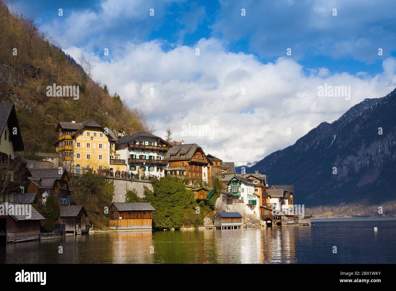 Hallstatt, Austria - February 18, 2020: Beautiful view of houses on