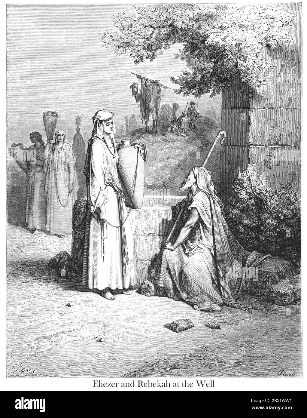 Eliezer and Rebekah meet at the well Genesis 24:16 From the book 'Bible Gallery' Illustrated by Gustave Dore with Memoir of Doré and Descriptive Letter-press by Talbot W. Chambers D.D. Published by Cassell & Company Limited in London and simultaneously by Mame in Tours, France in 1866 Stock Photo