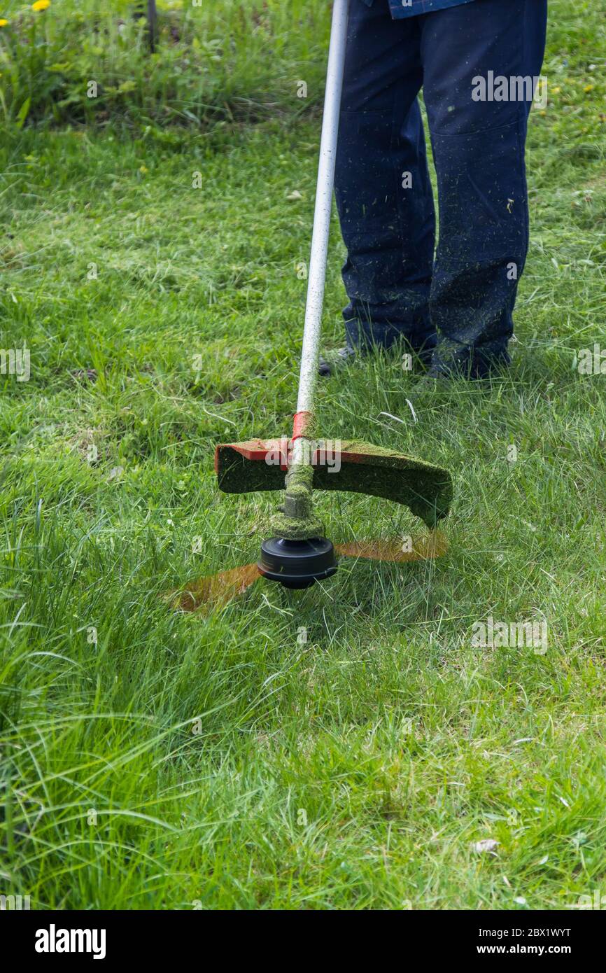 worker mows grass and weeds with a lawn mower in the country Stock