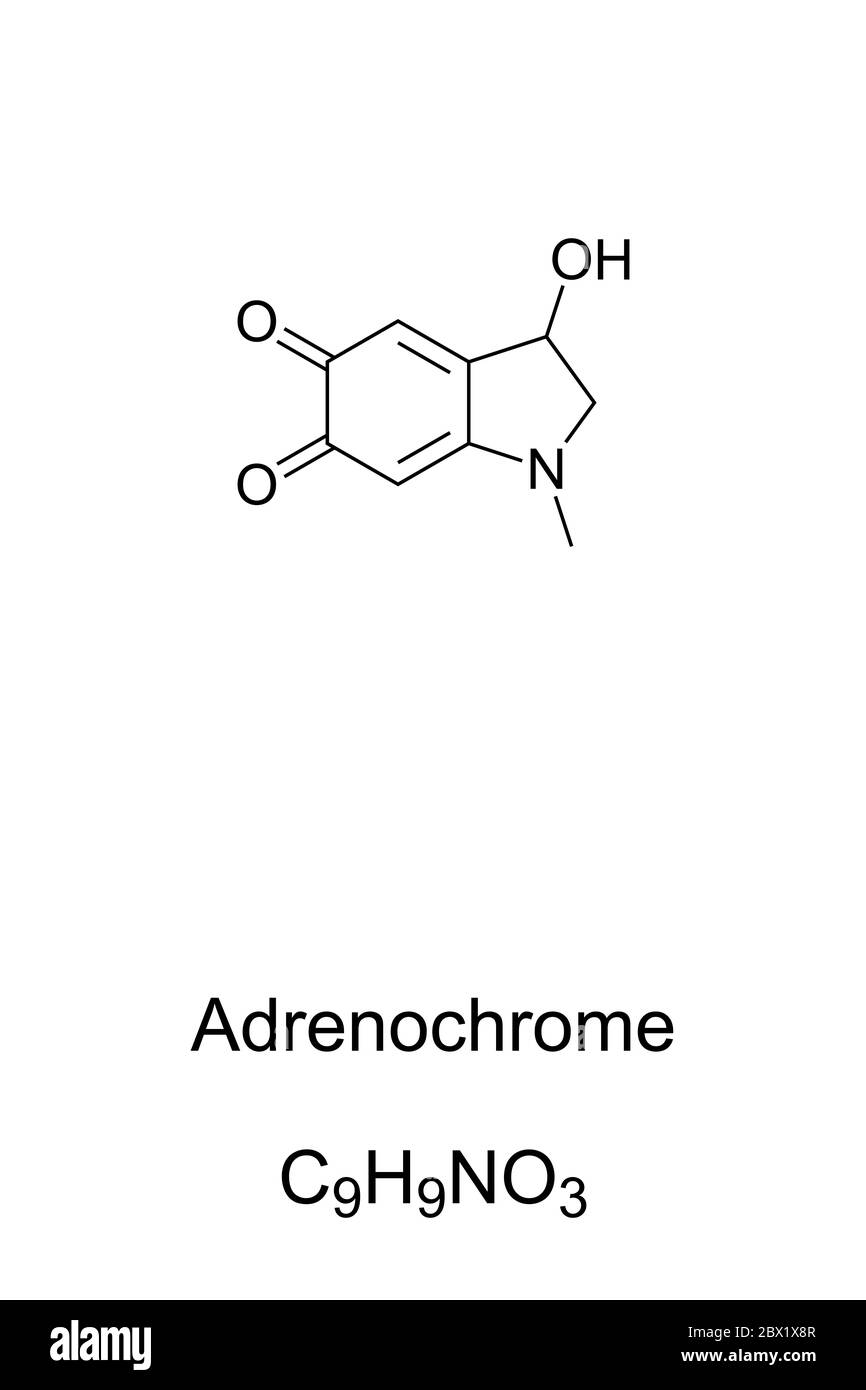 Adrenochrome molecule, skeletal formula and structure. Chemical compound produced by oxidation of adrenaline (epinephrine). Stock Photo