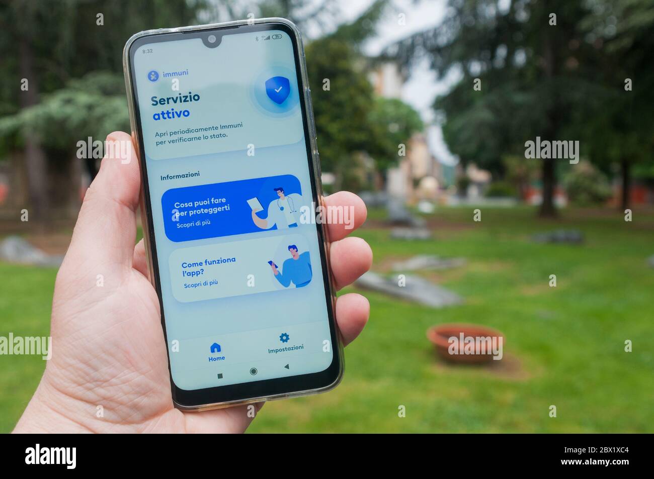 Carrara, Italy - June 04, 2020 - Man check the contact tracer app Immuni, developed for the Italian government, to monitor covid-19 infections in the Stock Photo