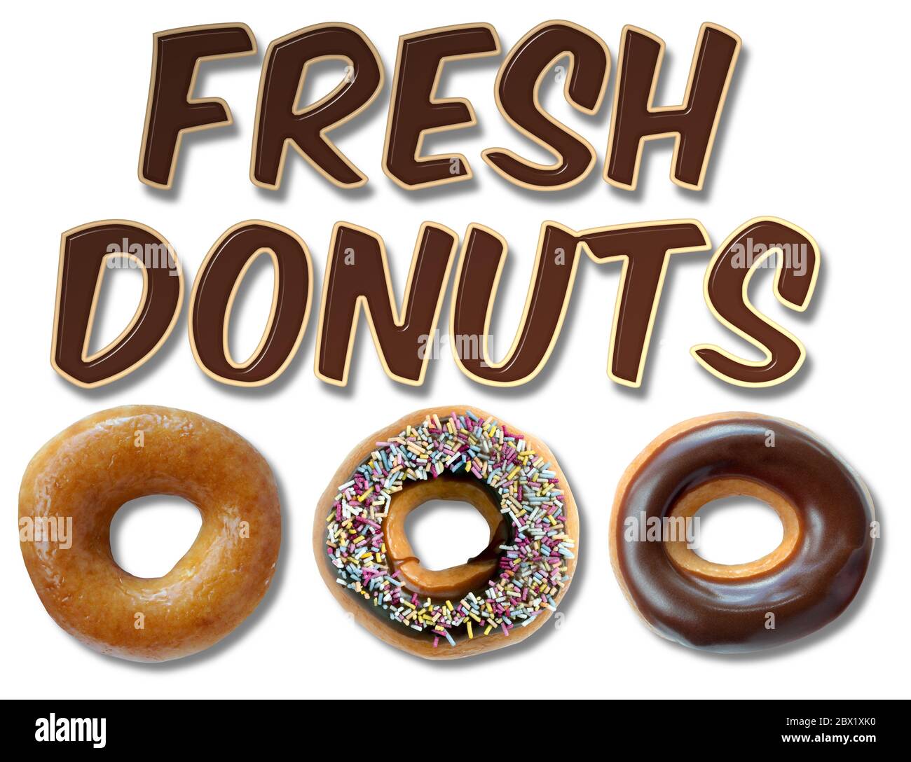 Fresh donuts 3D illustration sign with three tasty glazed donuts on an