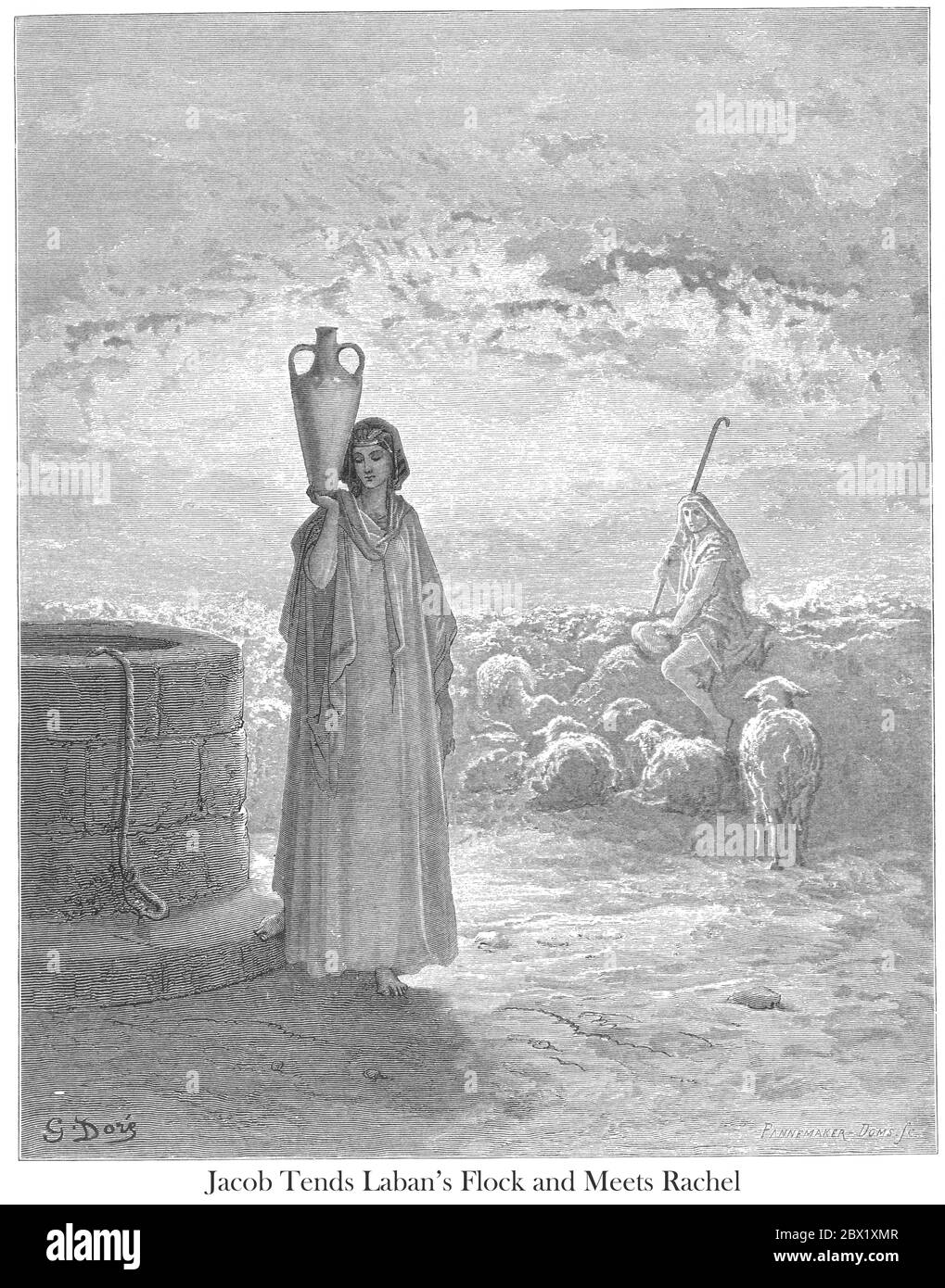 Jacob Tends Laban's Flocks and Meets Rachel Genesis 29:1-20 From the book 'Bible Gallery' Illustrated by Gustave Dore with Memoir of Doré and Descriptive Letter-press by Talbot W. Chambers D.D. Published by Cassell & Company Limited in London and simultaneously by Mame in Tours, France in 1866 Stock Photo