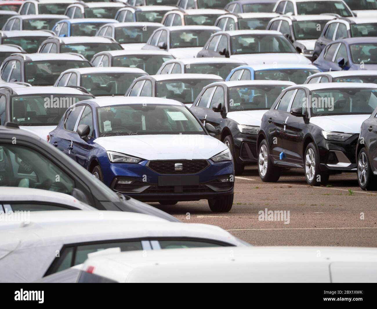 Sheerness, Kent, UK. 4th June, 2020. Thousands of new cars stored in vast storage areas at the Port of Sheerness in Kent today. The Society of Motor Manufacturers and Traders (SMMT) said new car sales for May are 89 per cent down on last year - the lowest since 1952. Credit: James Bell/Alamy Live News Stock Photo