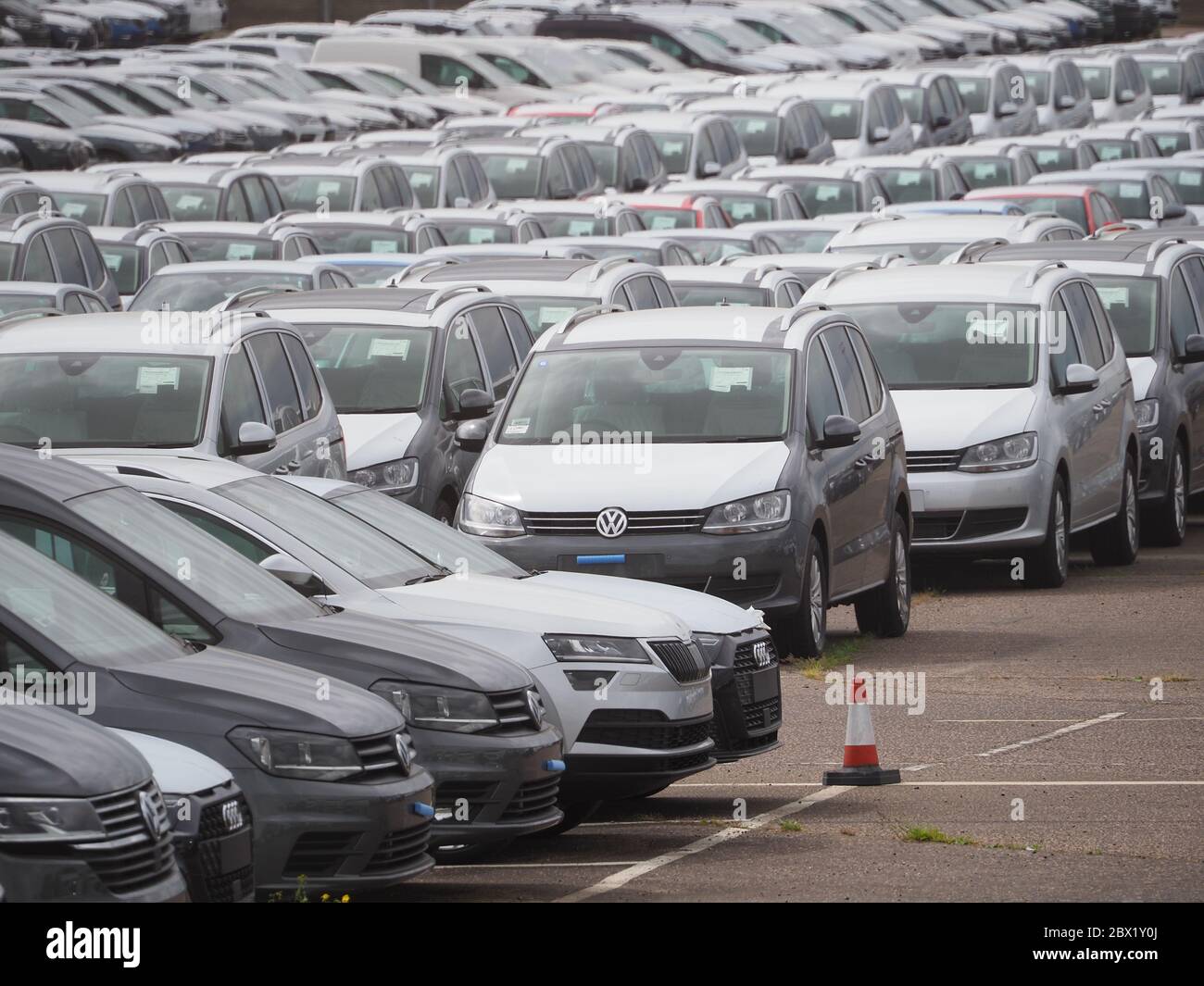 Sheerness, Kent, UK. 4th June, 2020. Thousands of new cars stored in vast storage areas at the Port of Sheerness in Kent today. The Society of Motor Manufacturers and Traders (SMMT) said new car sales for May are 89 per cent down on last year - the lowest since 1952. Credit: James Bell/Alamy Live News Stock Photo