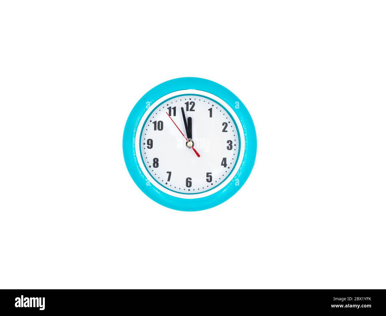 Blue wall clock on the white background, twelve o'clock Stock Photo