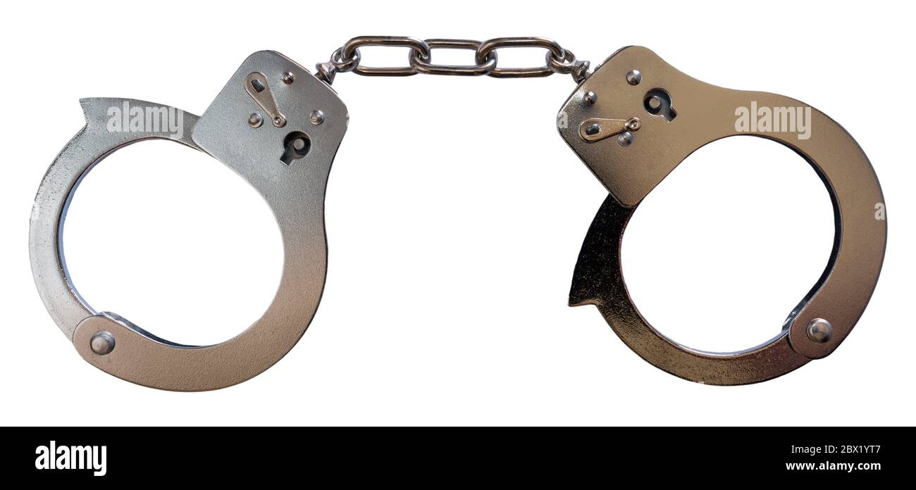 Handcuffs locked up from an overhead perspective on an isolated white background Stock Photo