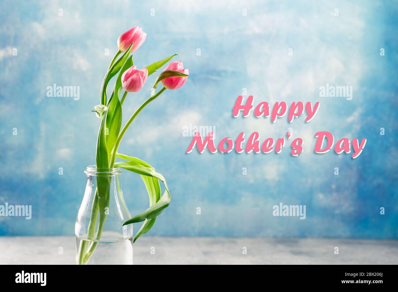 Bouquet of pink and lilac tulips in a glass vase on blue background ...