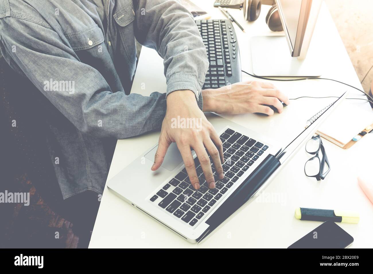 Male hands working on computer, Software programming web development concept Stock Photo