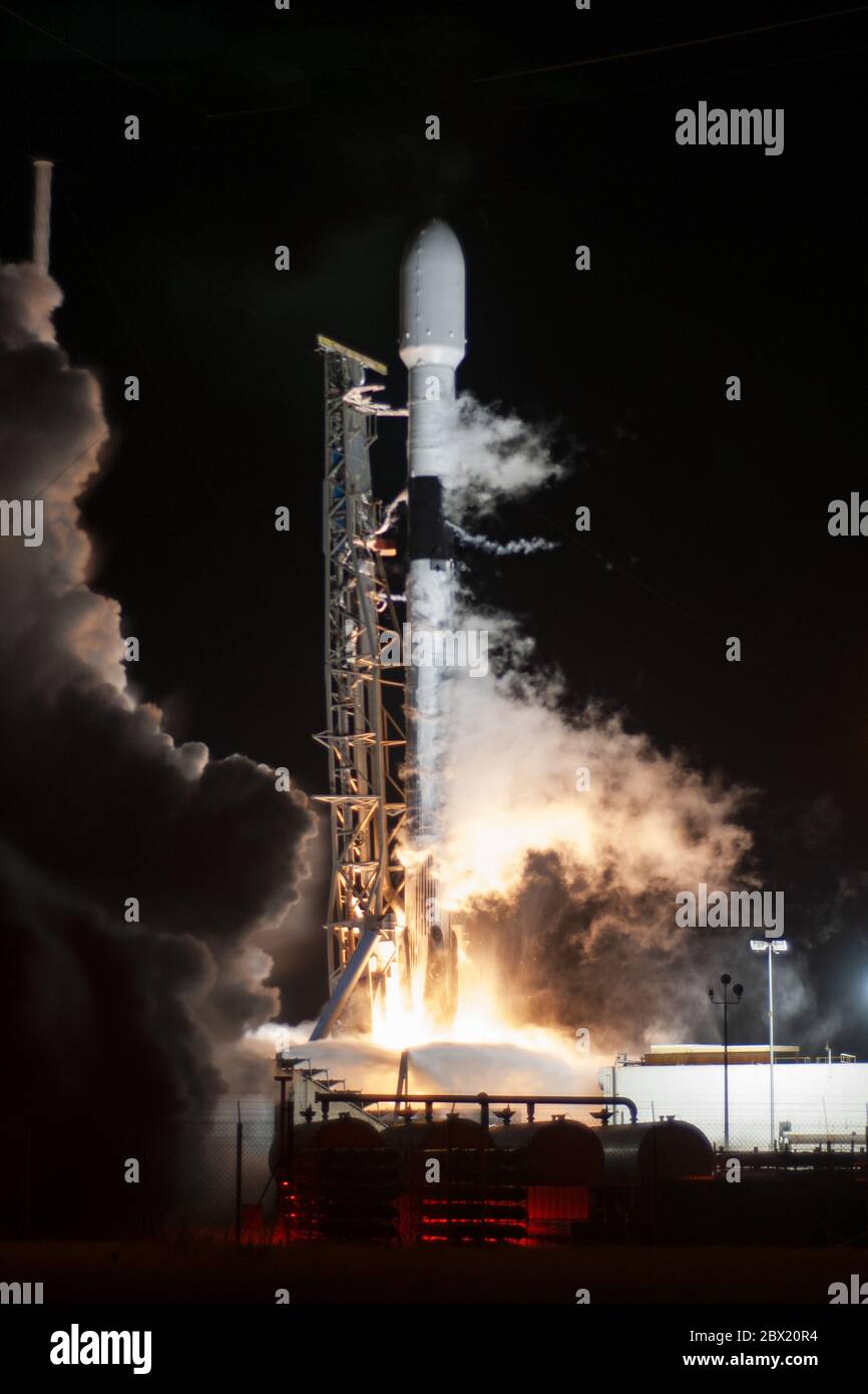 Four days after launching the first manned mission, another SpaceX Falcon 9 rocket boosts the company's Starlink satellites to orbit from the Cape Canaveral Air Force Station on Wednesday, June 3, 2020. Photo by Joe Marino/UPI Credit: UPI/Alamy Live News Stock Photo