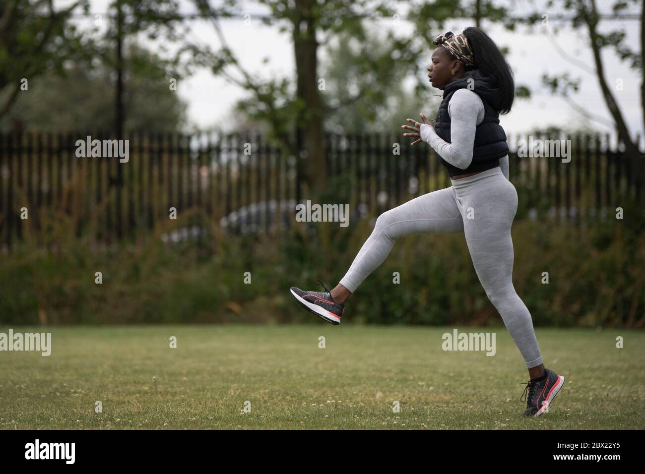 Asha Philip during a training session in her local park in Walthamstow, London, as her usual training facilities in East London remain closed due to the covid-19 lockdown. Stock Photo