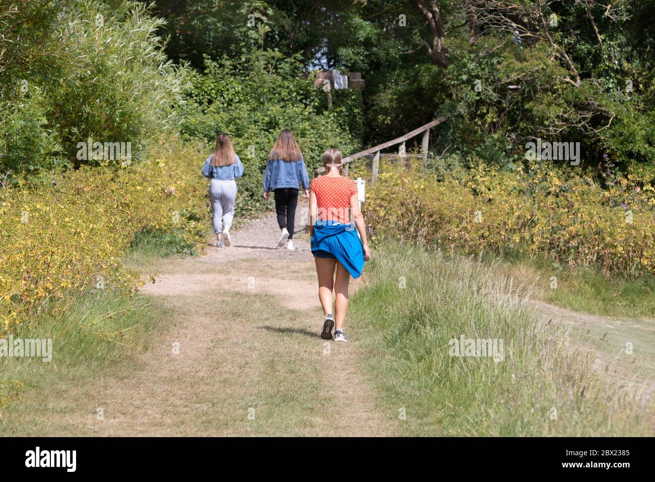 Three young women taking an exercise walk during the coronavirus pandemic. Stock Photo