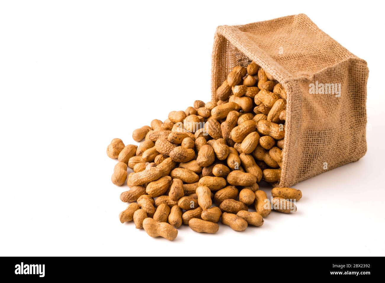 Peanuts in burlap bag on white background. Stock Photo