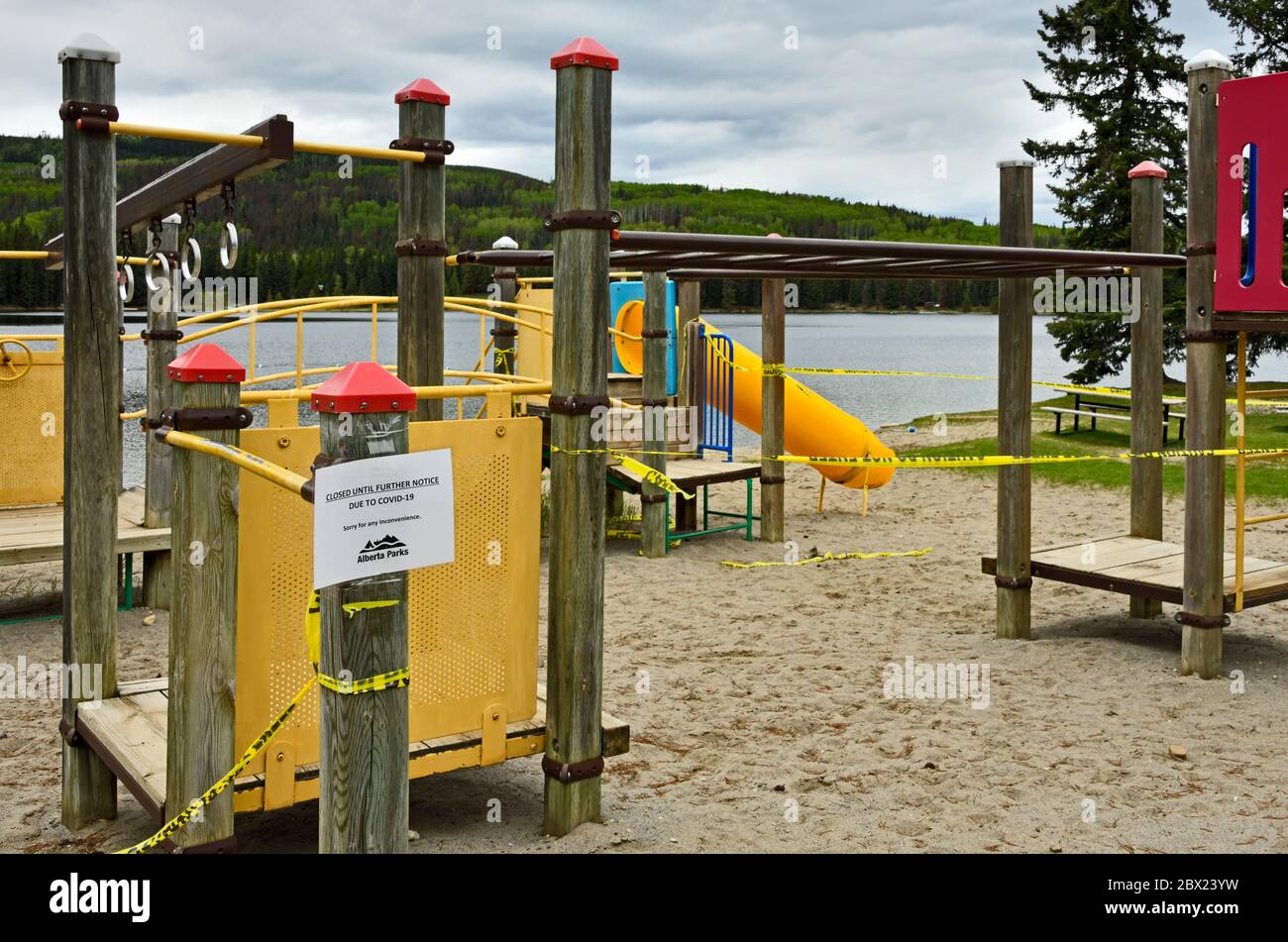 A children's playground closed because of the Covid-19 in a provincial park in rural Alberta Canada. Stock Photo