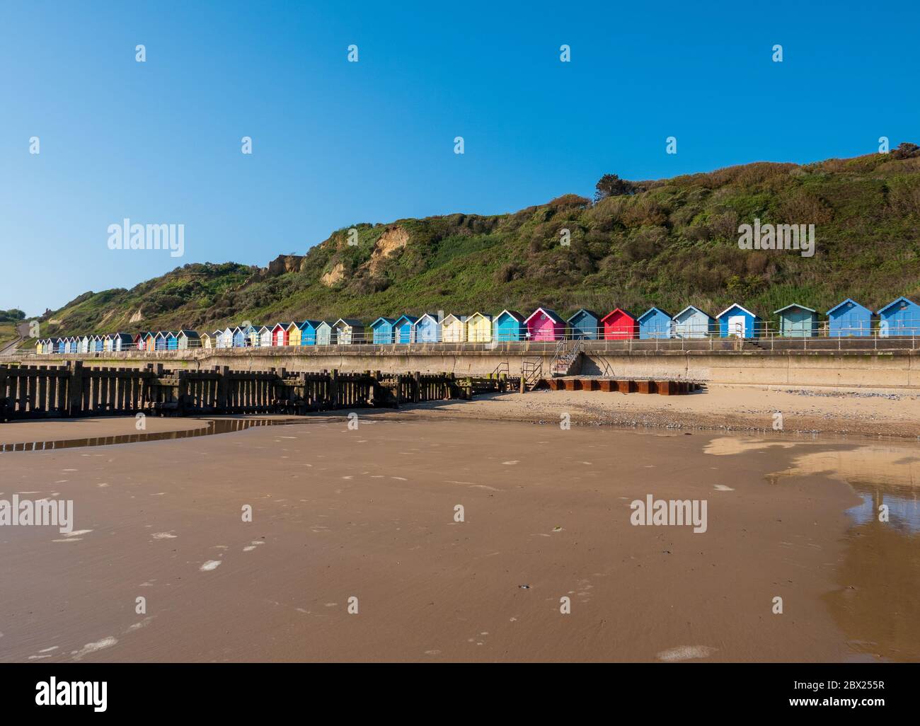 Beach huts at Overstrand in Norfolk Stock Photo