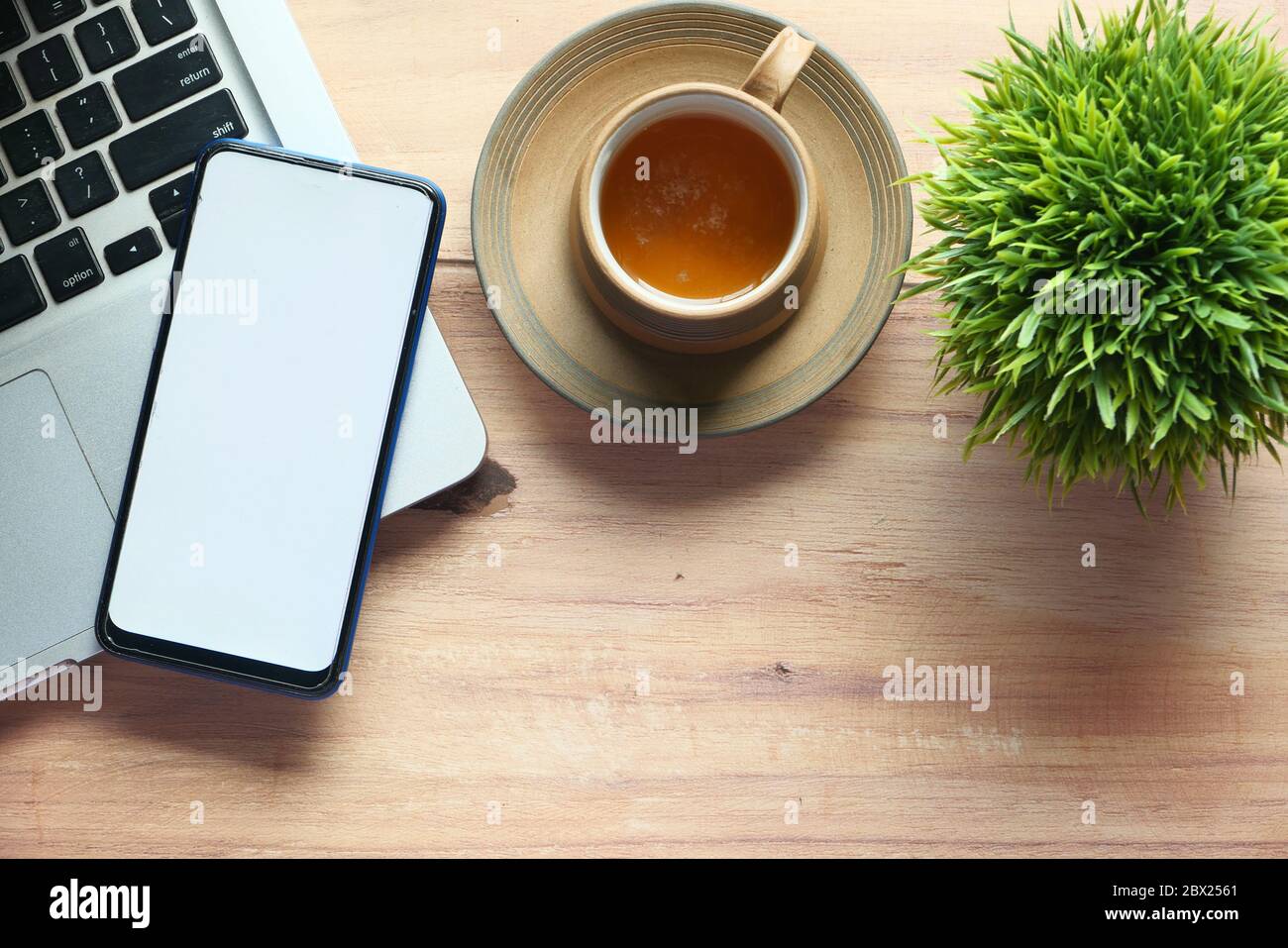 man hand holding smart phone with empty screen .and laptop on table  Stock Photo