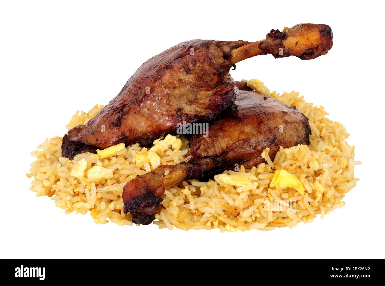 Chinese slow cooked duck legs with cherry and hoisin sauce and egg fried rice isolated on a