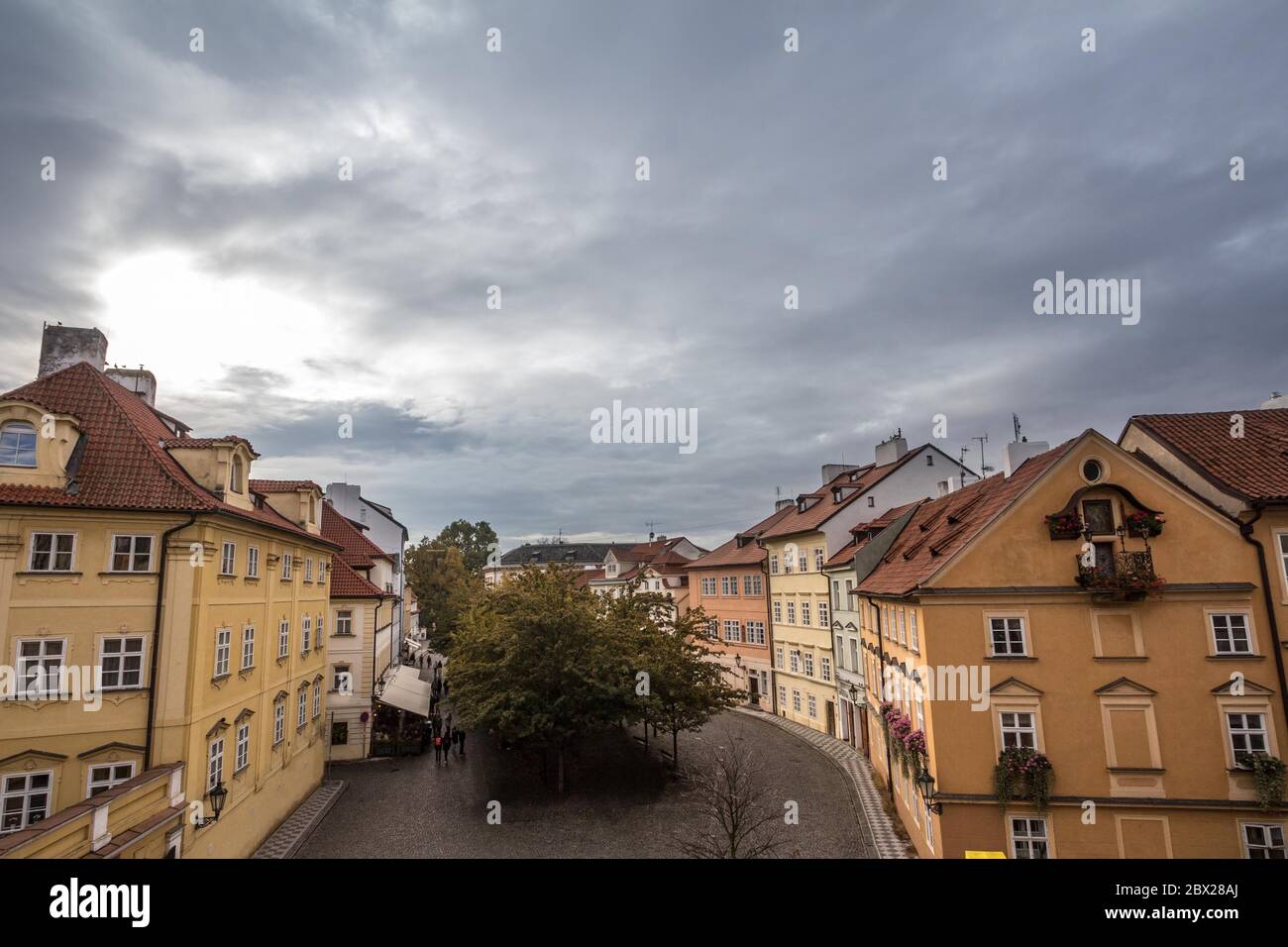 Panorama of Na Kampe Street and square on Kampa Island,in Mala Strana district, in the old town of Prague, a major touristic landmark.  Picture of the Stock Photo