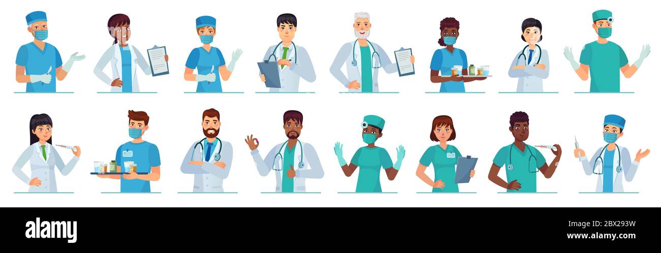 Cartoon medical workers. Doctor portrait, medical student and intern in scrubs or white coats. Male and female doctors characters vector illustration Stock Vector