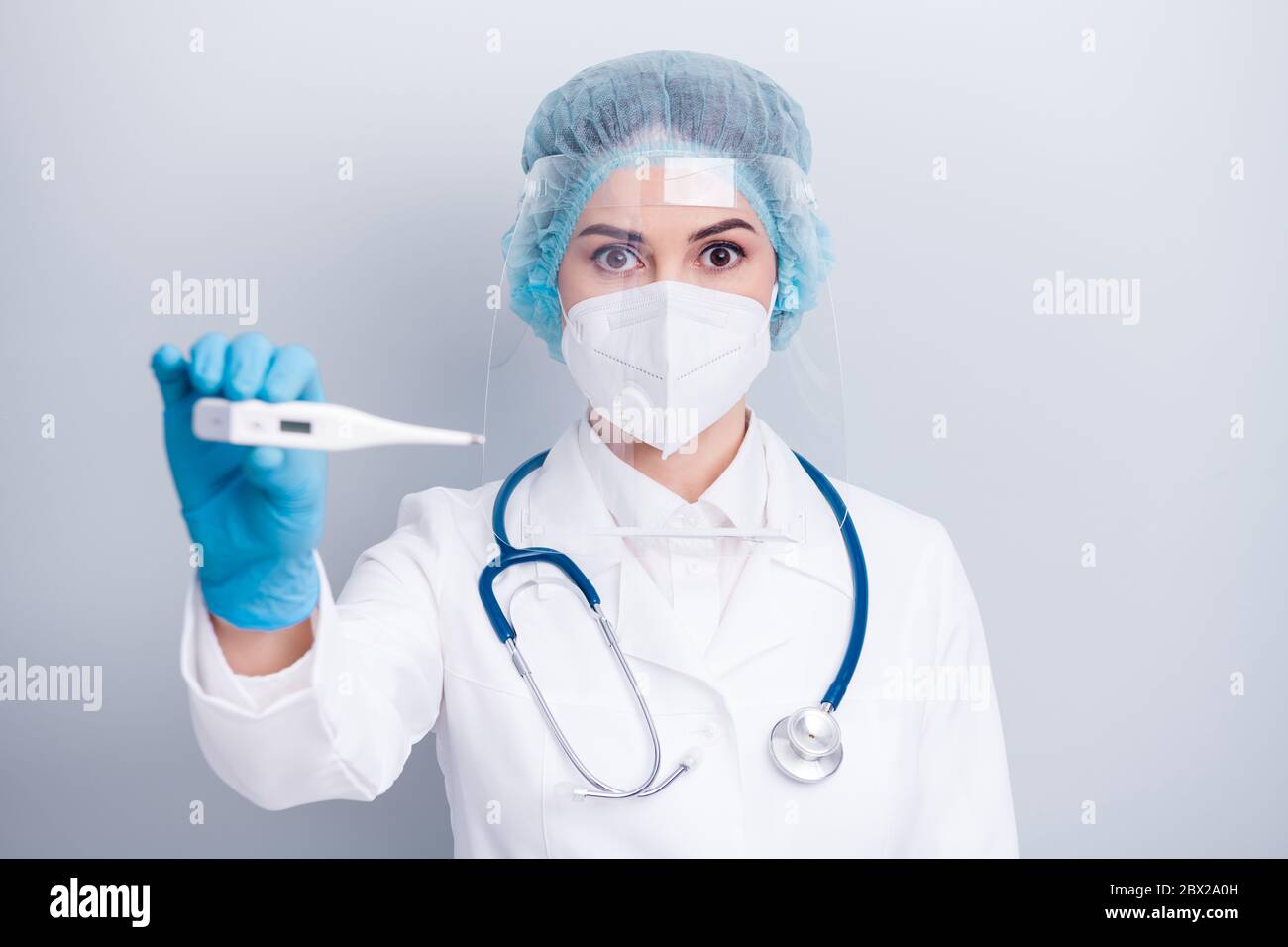 Photo of infection disease virologist doctor lady hold thermometer big