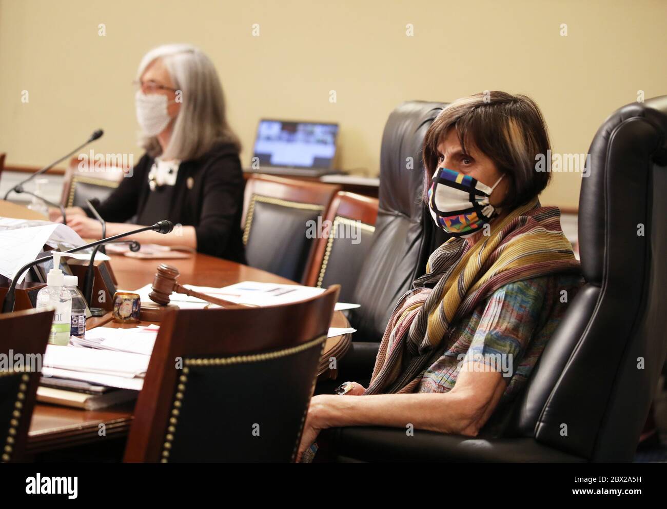 Washington, United States. 04th June, 2020. Chairwoman Rosa DeLauro wears a protective face mask as Director of the Centers for Disease Control and Prevention Robert Redfield testifies when Labor, Health and Human Services, Education and Related Agencies Subcommittee holds a hearing on 'COVID-19 Response on Capitol Hill in Washington, DC on Thursday, June 4, 2020. Photo by Tasos Katopodis/UPI Credit: UPI/Alamy Live News Stock Photo