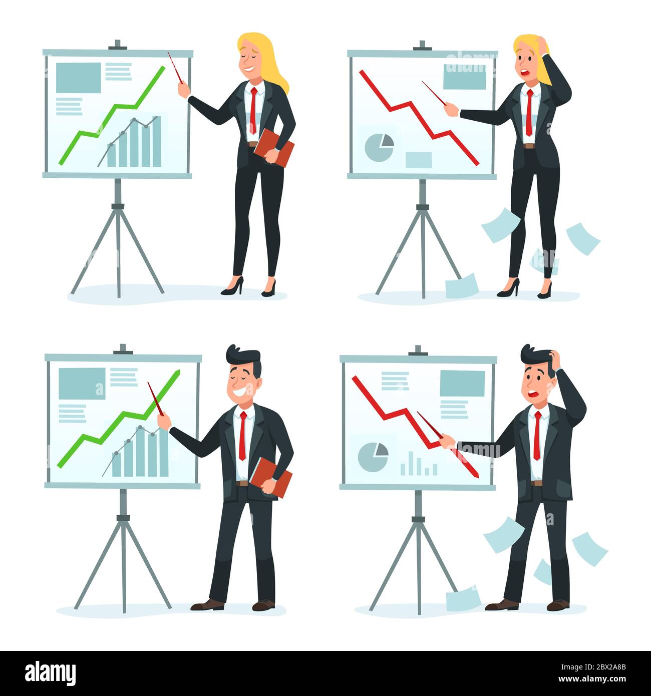 Businessman and businesswoman making presentation chart graphic Stock Vector
