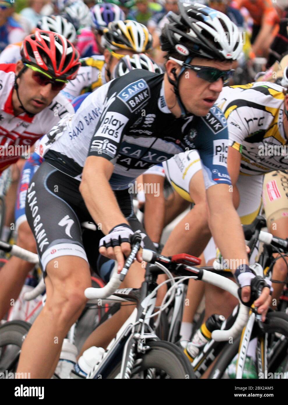 Chris Anker Sørensen of Team Saxo Bank during the Grand Prix Ouest France  2010, cycling race, Plouay- Plouay (248,3 km) on Aout 22, 2010 in Plouay,  France - Photo Laurent Lairys / DPPI Stock Photo - Alamy