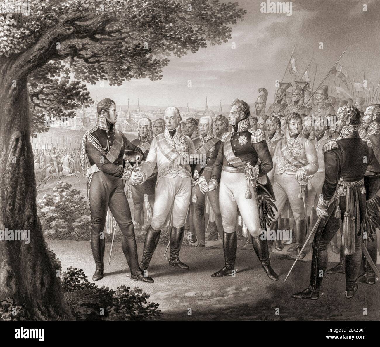 Meeting in Prague on August 18, 1813, between European monarchs who were part of the Sixth Coalition against Napoleon:  Francis I, Emperor of Austria,  Alexander I, Emperor of Russia and Frederick William III, King of Prussia.  After a work by Leo Wolf. Stock Photo