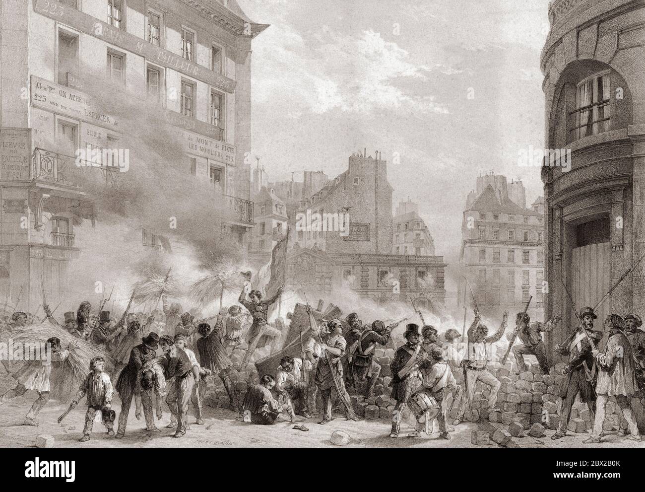 The 1848 Revolution, or February Revolution, France.  Revolutionaries besiege the Chateau d'eau in the Place du Palais-Royal.  After a contemporary print by Jules David. Stock Photo