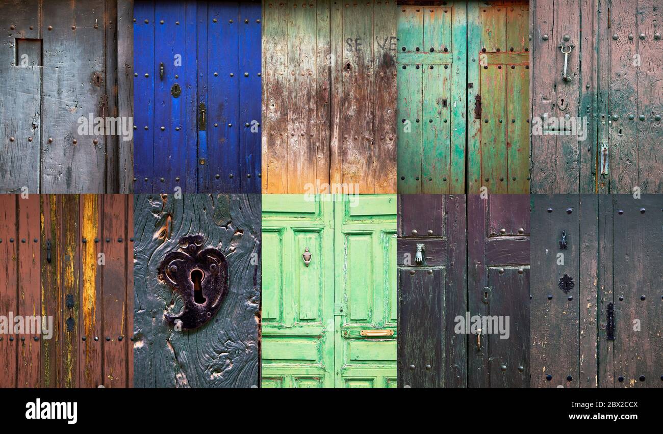 Collage of old rustic wooden front doors in a spanish rural village Stock Photo