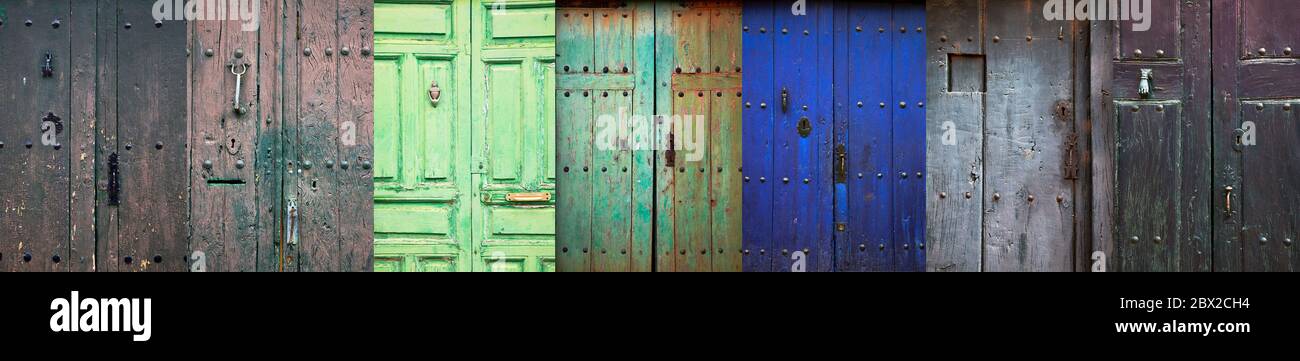Collage of old rustic wooden front doors in a rural spanish village Stock Photo